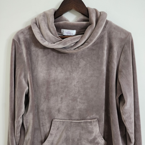 Softies Cozy Soft Velour Taupe Women's Cowl Neck Pullover Sweater L/XL Lounge - Picture 3 of 11